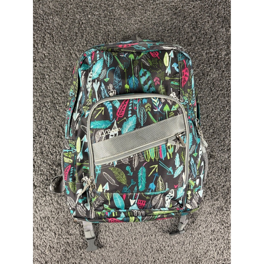 LL Bean Deluxe Book Pack Backpack Black Multi Feather Arrow Print School Bag